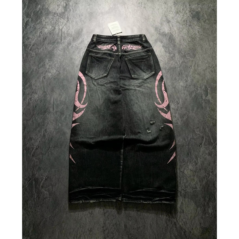 Street Retro Jeans for Women, Mottled Totem Print, Loose Fit Hip Hop Pants, American Straight Wide Leg Couple Jeans