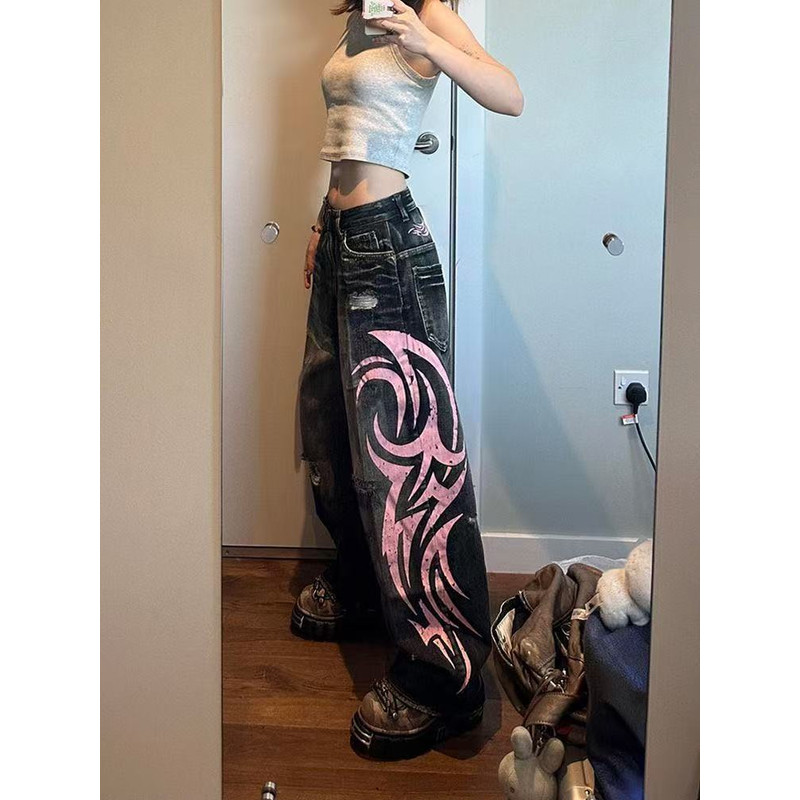 Street Retro Jeans for Women, Mottled Totem Print, Loose Fit Hip Hop Pants, American Straight Wide Leg Couple Jeans