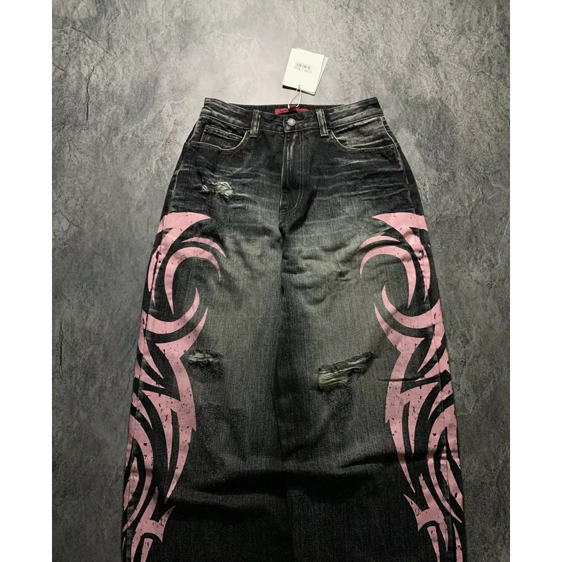 Street Retro Jeans for Women, Mottled Totem Print, Loose Fit Hip Hop Pants, American Straight Wide Leg Couple Jeans