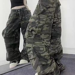 american high street, retro wide leg jeans, loose camouflage trousers for men and women, casual straight long fit