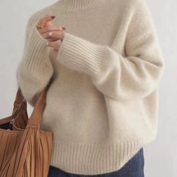 women's turtleneck cashmere sweater, 100% pure wool knit, loose fit pullover for autumn winter