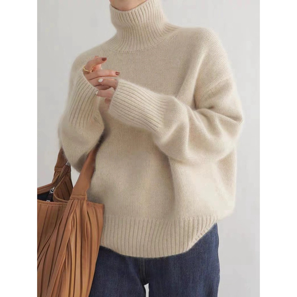 Women's Turtleneck Cashmere Sweater, 100% Pure Wool Knit, Loose Fit Pullover for Autumn Winter