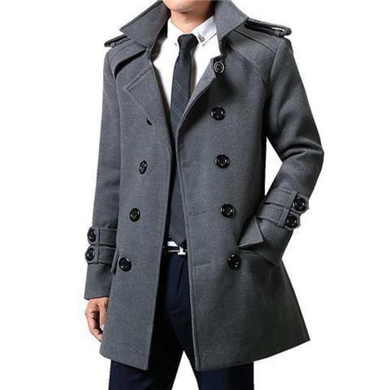 Mens Winter Woolen Trench Coat British Style Double Breasted Slimming Overcoat Medium Length 2