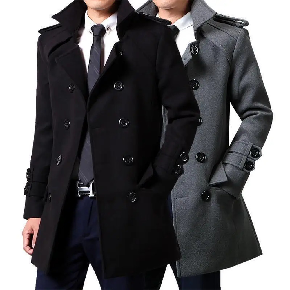 Mens Winter Woolen Trench Coat British Style Double Breasted Slimming Overcoat Medium Length 1
