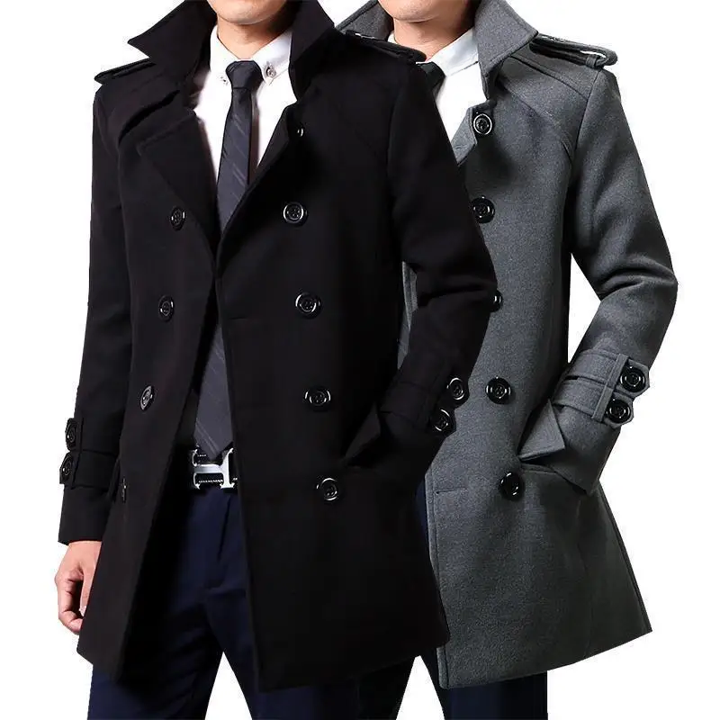 Mens Winter Woolen Trench Coat British Style Double Breasted Slimming Overcoat Medium Length 1
