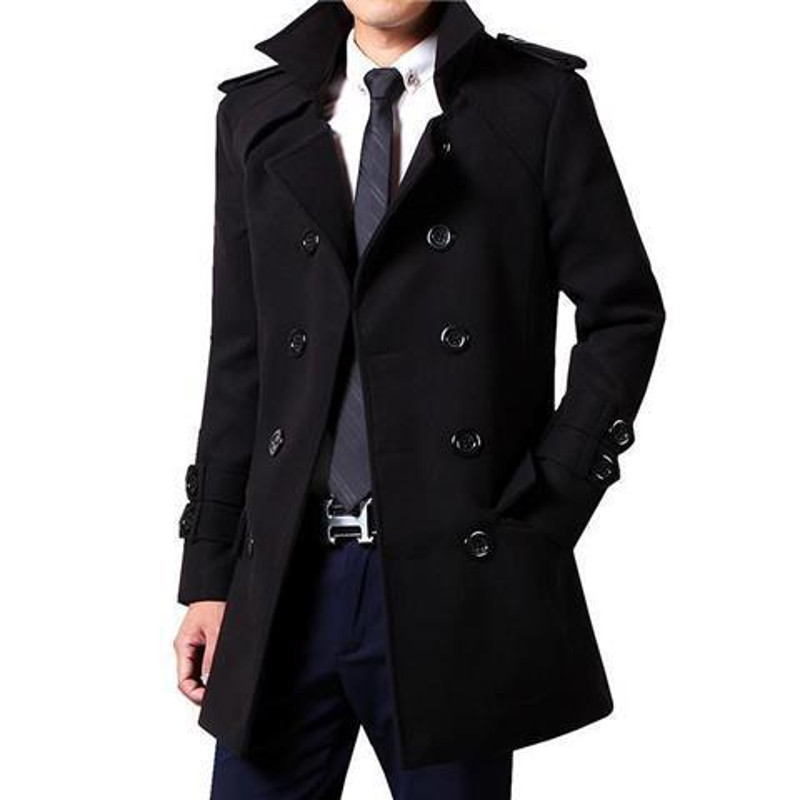 Mens Winter Woolen Trench Coat British Style Double Breasted Slimming Overcoat Medium Length 3