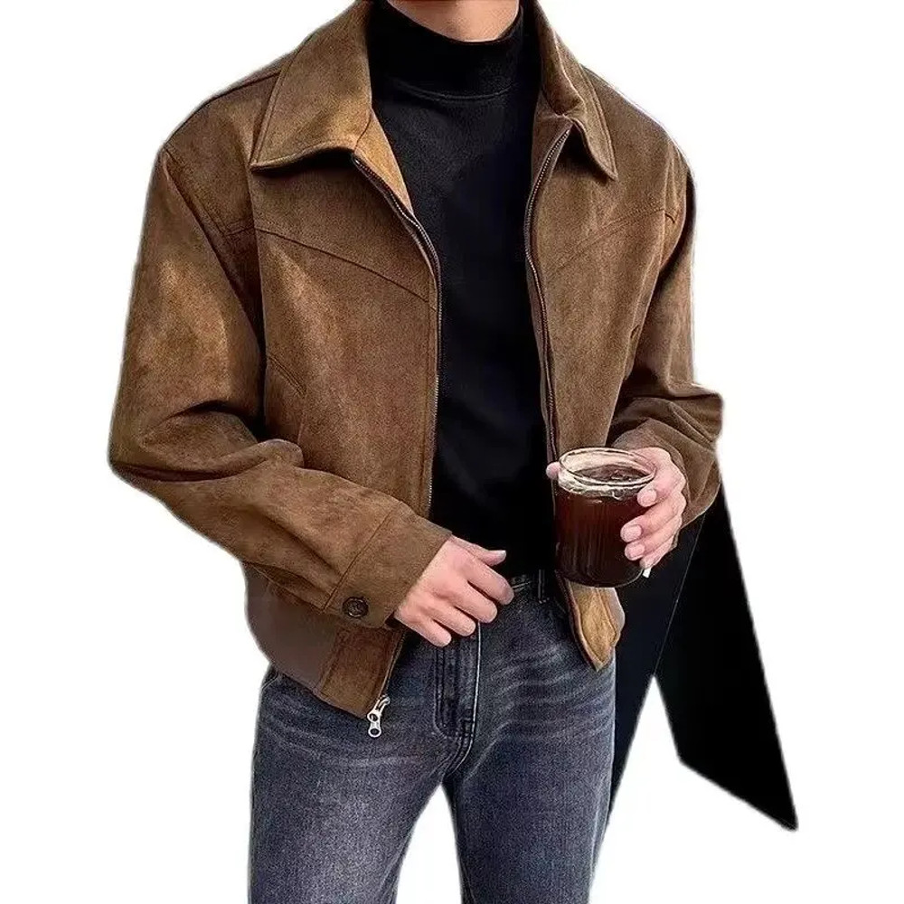 Vintage American Style Leather Jacket for Men, Versatile Brown Coffee Color, Cropped Lapel Design for Autumn and Winter