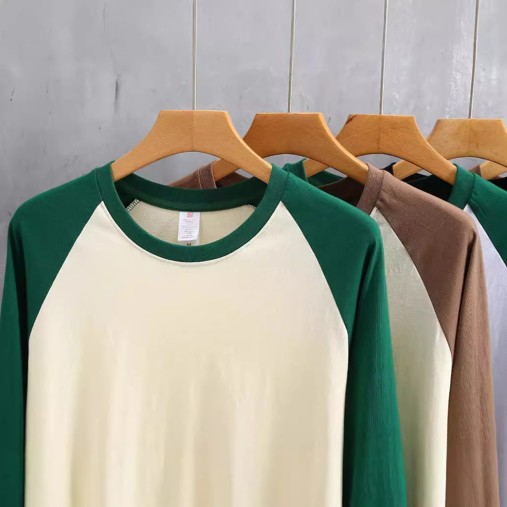 Retro Mens T Shirt Pure Cotton Long Sleeve Top Loose Fit US Style Splicing Shoulder Sleeve Design 1