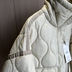 quilted jacket for women, beige cotton coat with drawstring ties, high neck, pocket clip