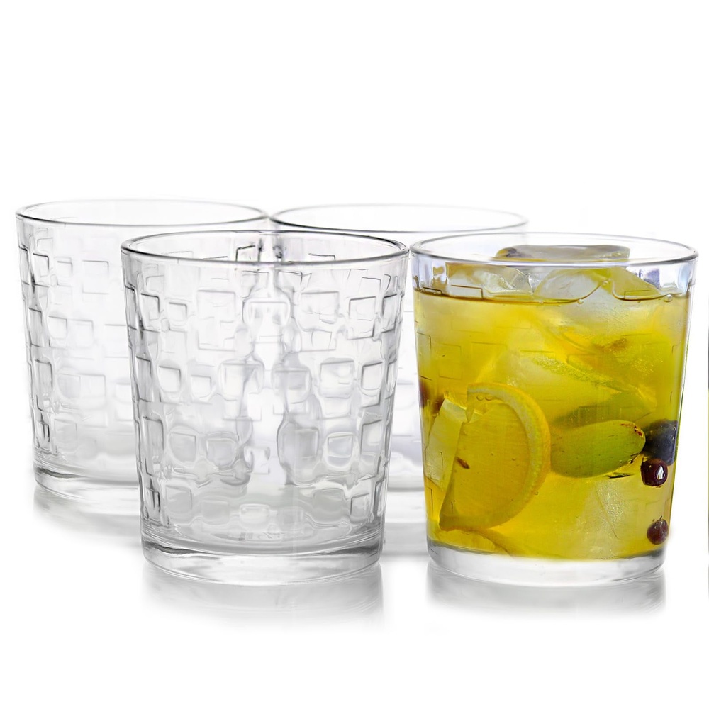 Premium 4 Piece Glass Set Old Fashioned Tumblers With Embossed Design Perfect For Cocktails Whiskey 0
