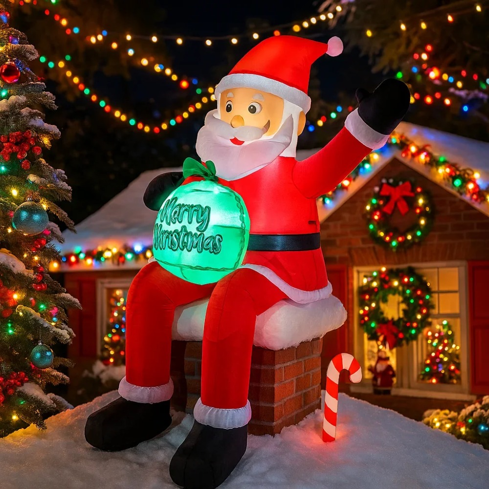 LED Holiday Lights Inflatable Santa Claus On Roof Xmas Yard Decoration With Gift Bag 2