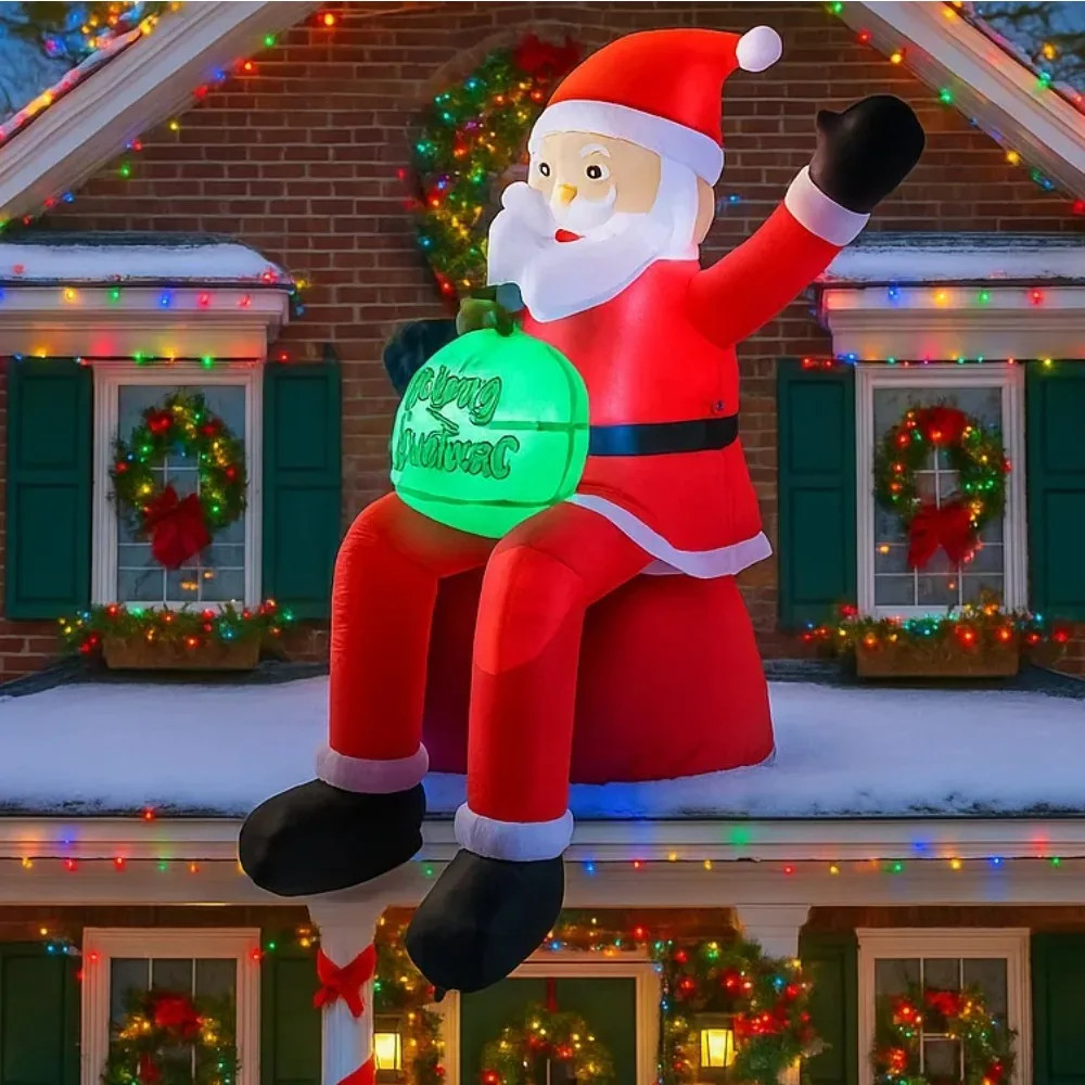 LED Holiday Lights Inflatable Santa Claus On Roof Xmas Yard Decoration With Gift Bag 3