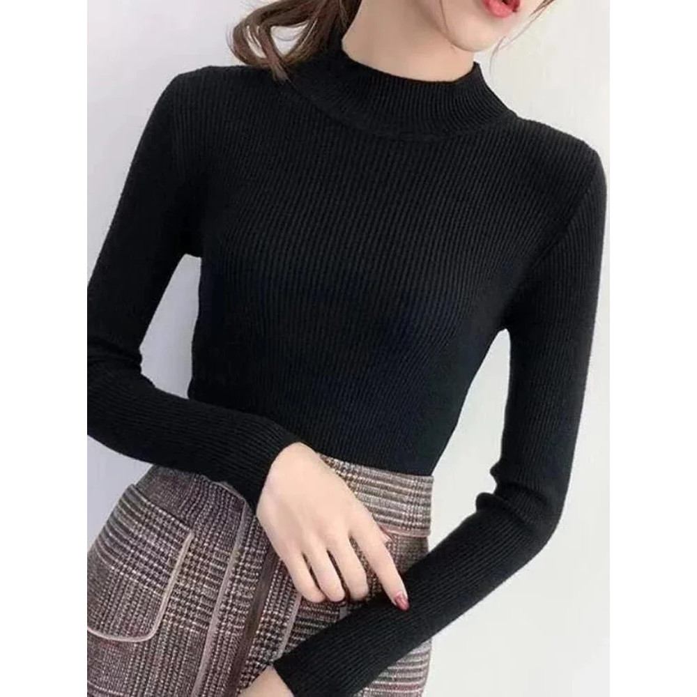 Autumn Winter Mock Neck, Vintage Solid Knitted Tops, Casual Slim Pullover for Women