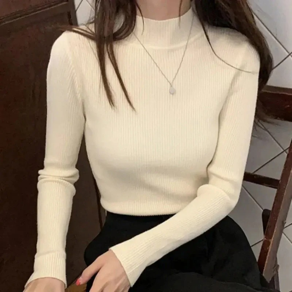 Autumn Winter Mock Neck, Vintage Solid Knitted Tops, Casual Slim Pullover for Women