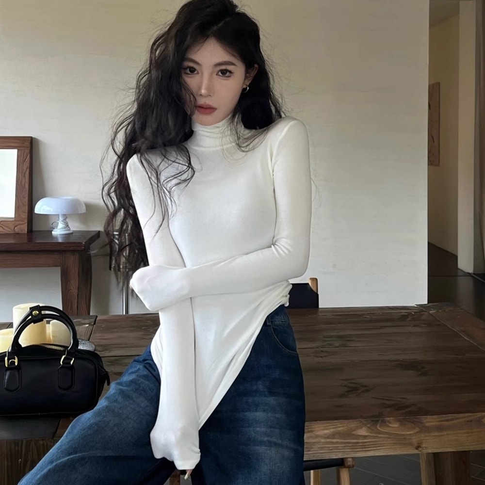 Winter Women Classic Long Sleeve Turtleneck Tops, Comfortable Thermal Pullover, Female Retro Versatile Elastic