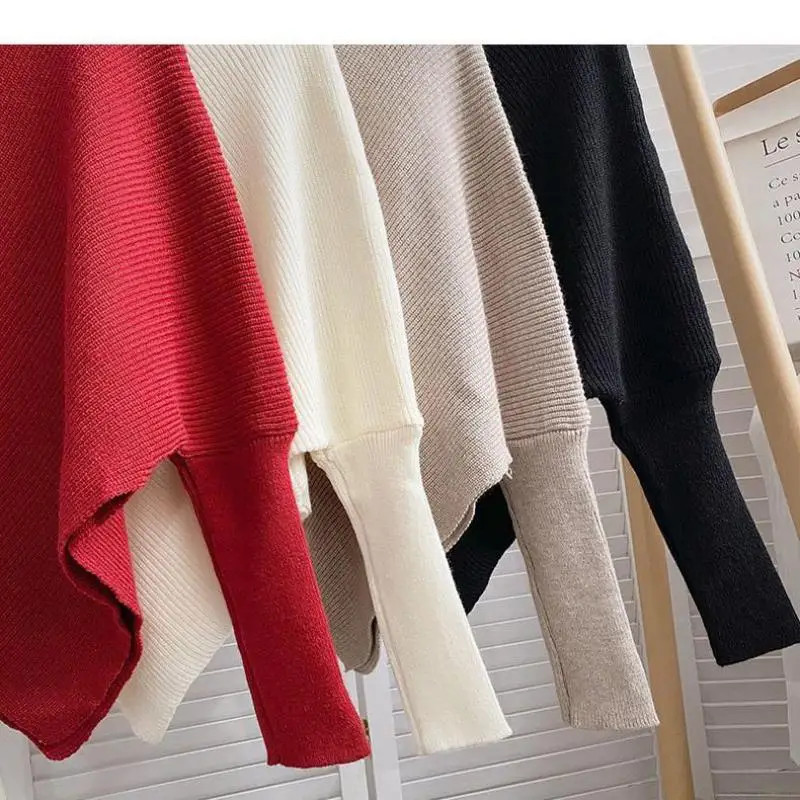 Autumn Winter Knit Sweater Vintage Irregular Loose Pullover Chic High Neck Women Fashion Tops 4