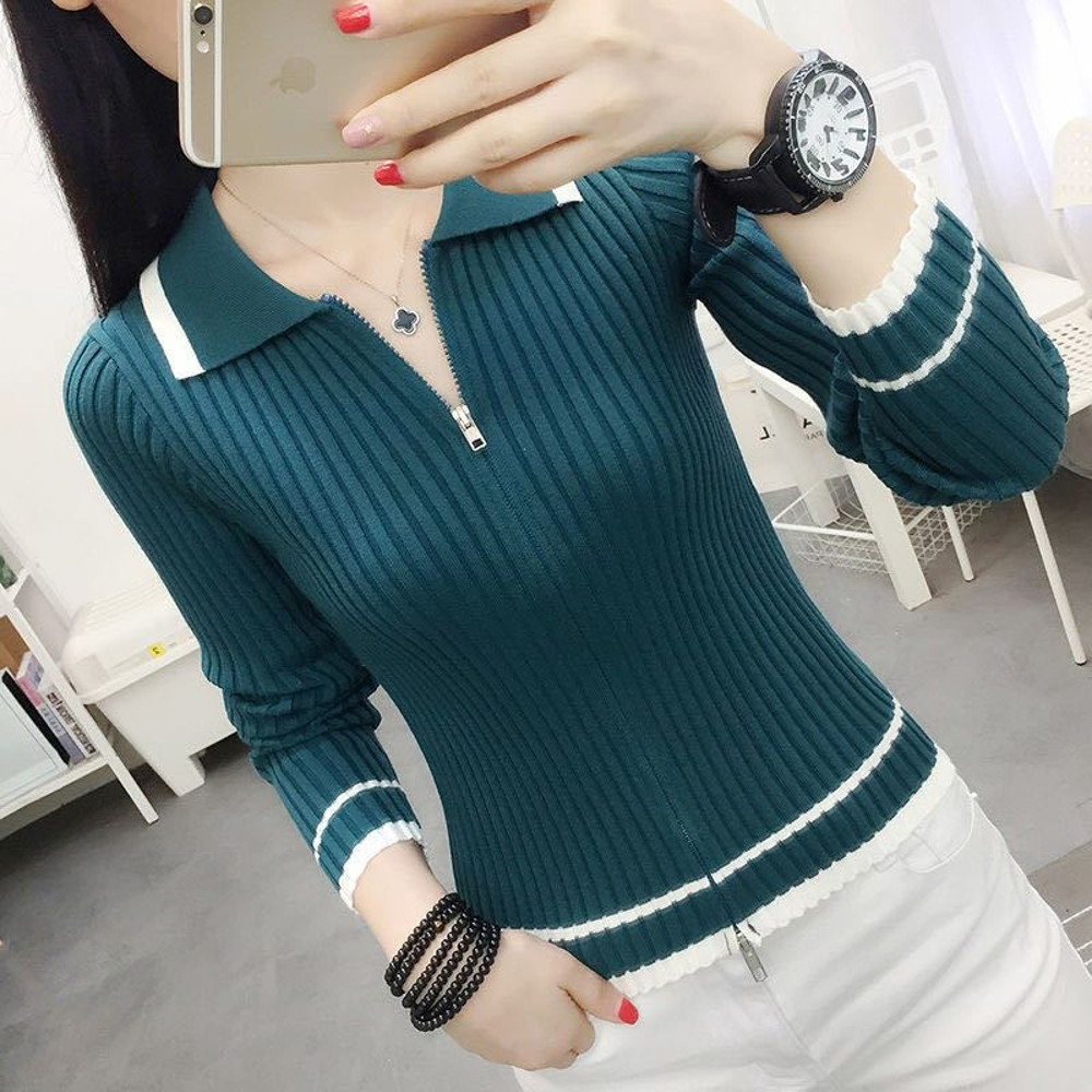 Autumn Spring Style Women Knitted Pullover Tops Casual Zipper VNeck Sweater Soft Lady Knitwear 0