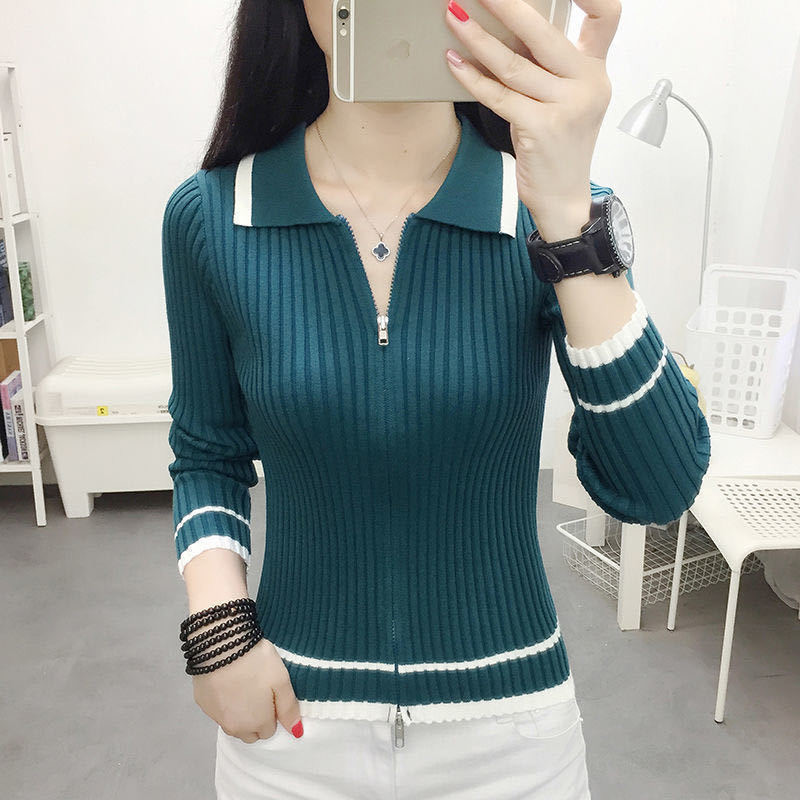 Autumn Spring Style Women Knitted Pullover Tops Casual Zipper VNeck Sweater Soft Lady Knitwear 3