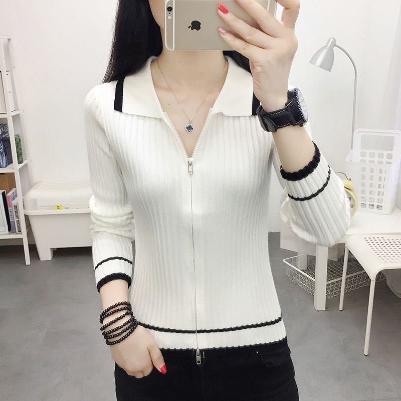 Autumn Spring Style Women Knitted Pullover Tops Casual Zipper VNeck Sweater Soft Lady Knitwear 5