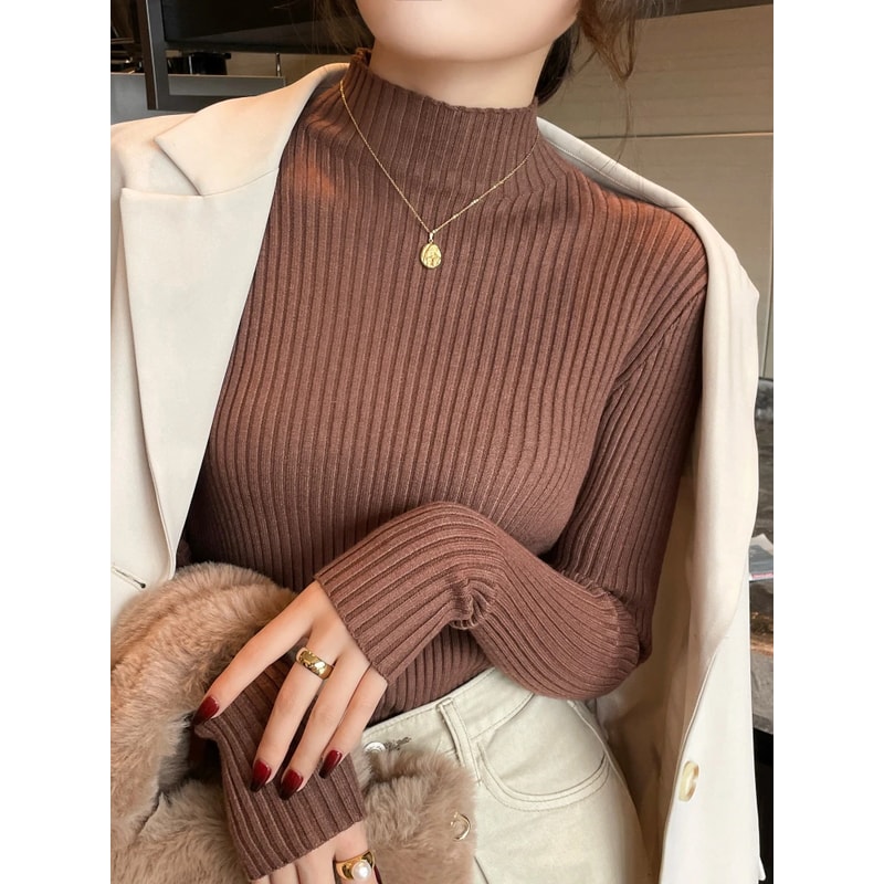 Women Long Sleeve Turtleneck Sweater, Chic Autumn Winter Knit Pullover, Solid Color Slim Casual Warm Jumper Top