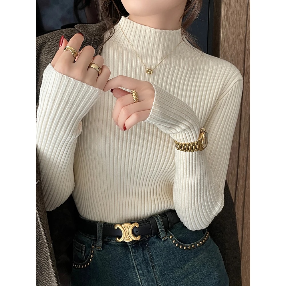 Women Long Sleeve Turtleneck Sweater, Chic Autumn Winter Knit Pullover, Solid Color Slim Casual Warm Jumper Top