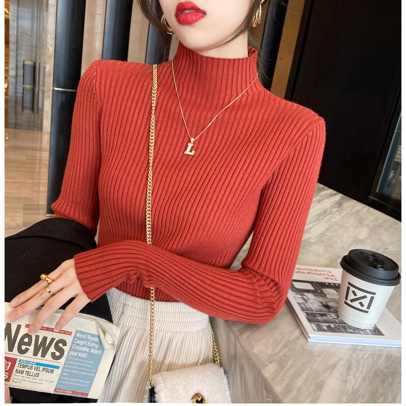 Women Long Sleeve Turtleneck Sweater, Chic Autumn Winter Knit Pullover, Solid Color Slim Casual Warm Jumper Top