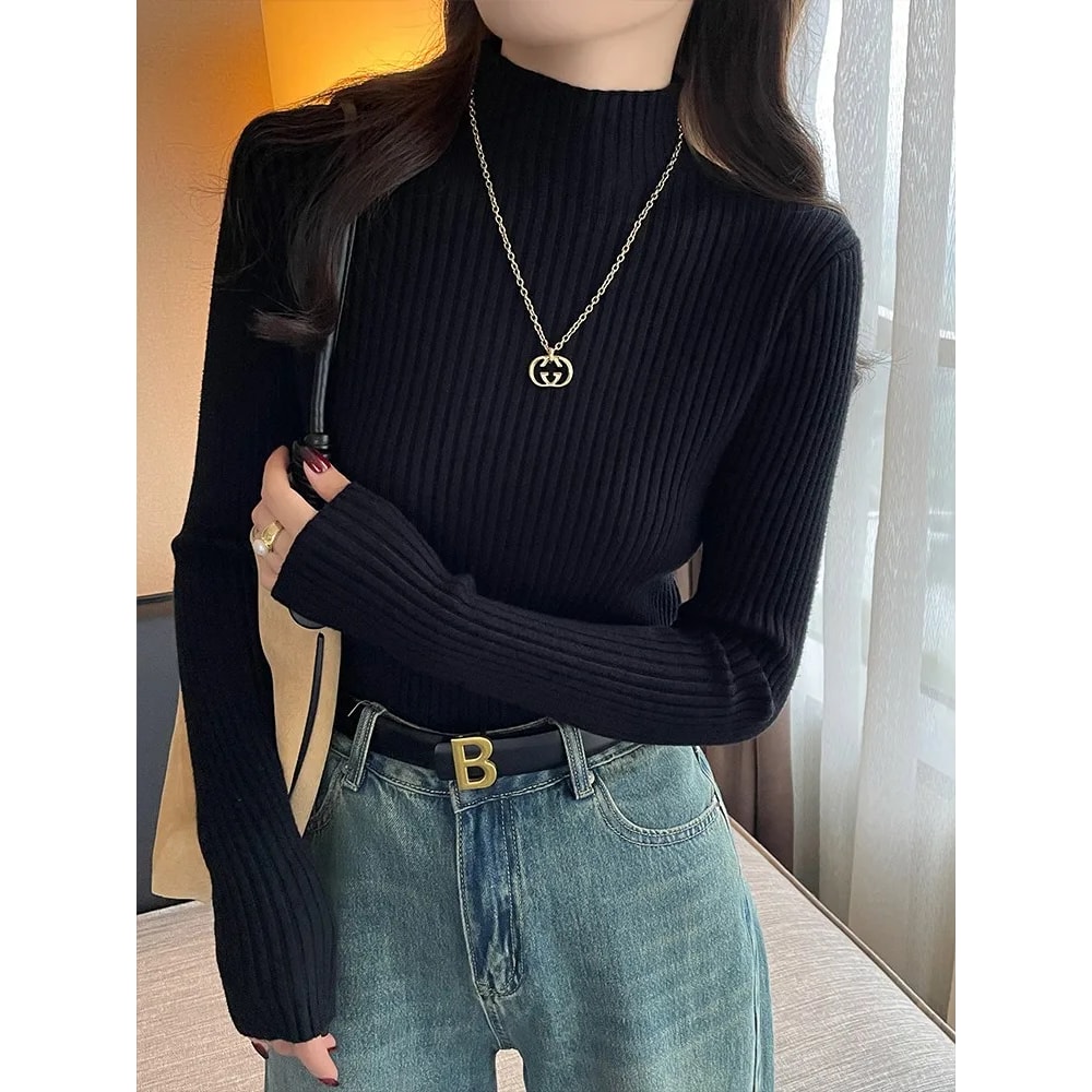 Women Long Sleeve Turtleneck Sweater, Chic Autumn Winter Knit Pullover, Solid Color Slim Casual Warm Jumper Top