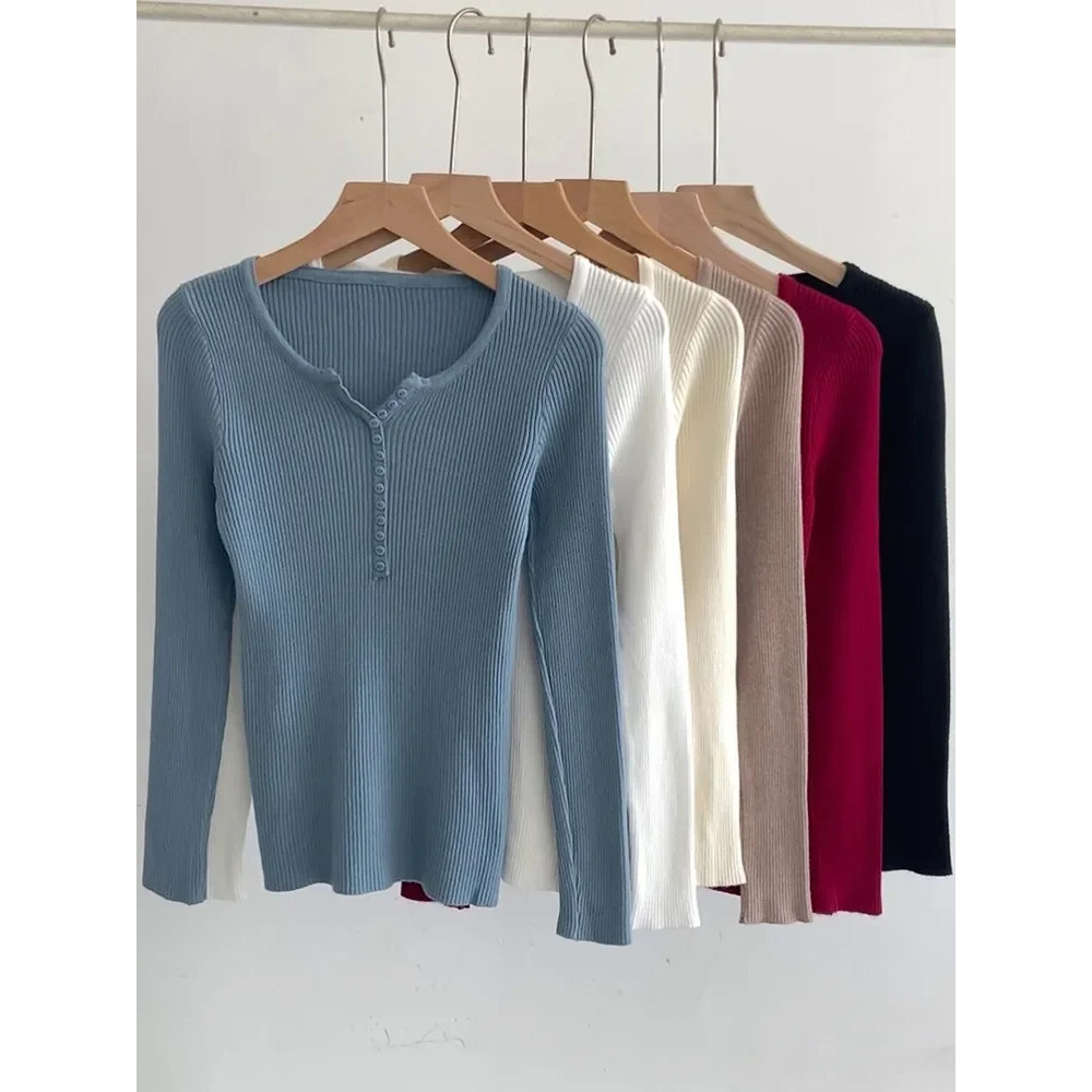 Soft Warm Tops for Women, Autumn Winter Button V Neck Sweater, Basic Slim Pullover, Knit Jumper for Cozy Style