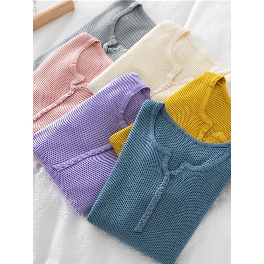 Soft Warm Tops for Women, Autumn Winter Button V Neck Sweater, Basic Slim Pullover, Knit Jumper for Cozy Style