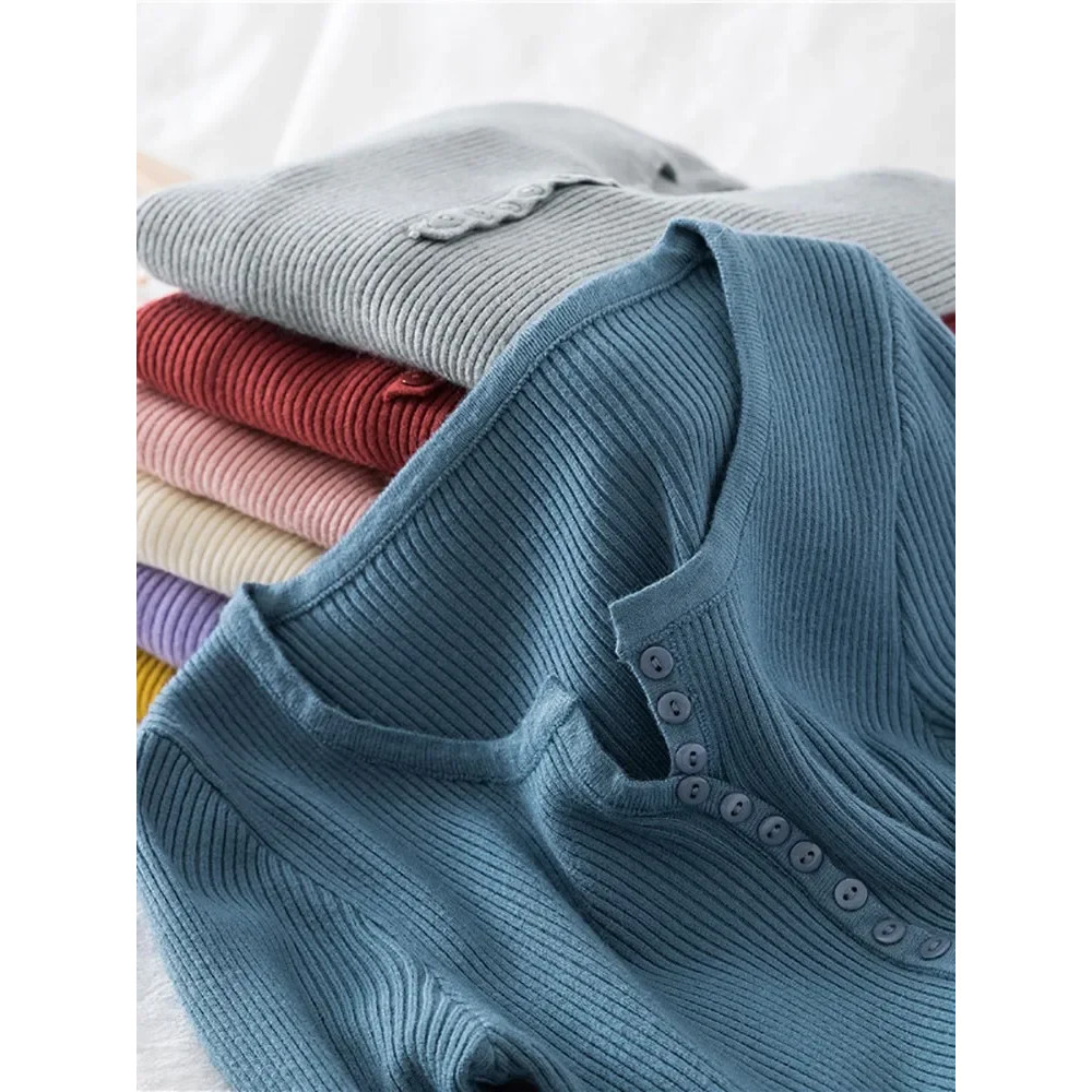 Soft Warm Tops for Women, Autumn Winter Button V Neck Sweater, Basic Slim Pullover, Knit Jumper for Cozy Style
