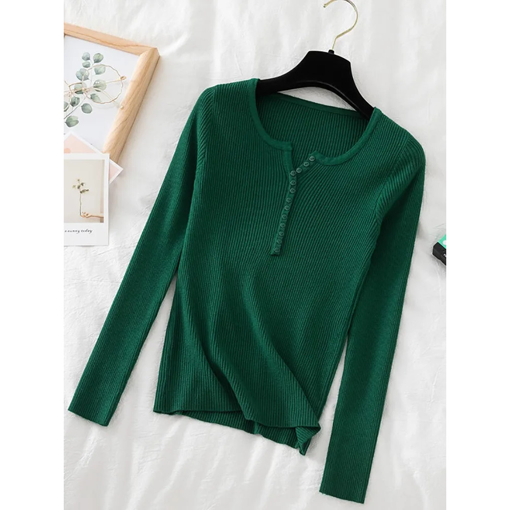 Soft Warm Tops for Women, Autumn Winter Button V Neck Sweater, Basic Slim Pullover, Knit Jumper for Cozy Style