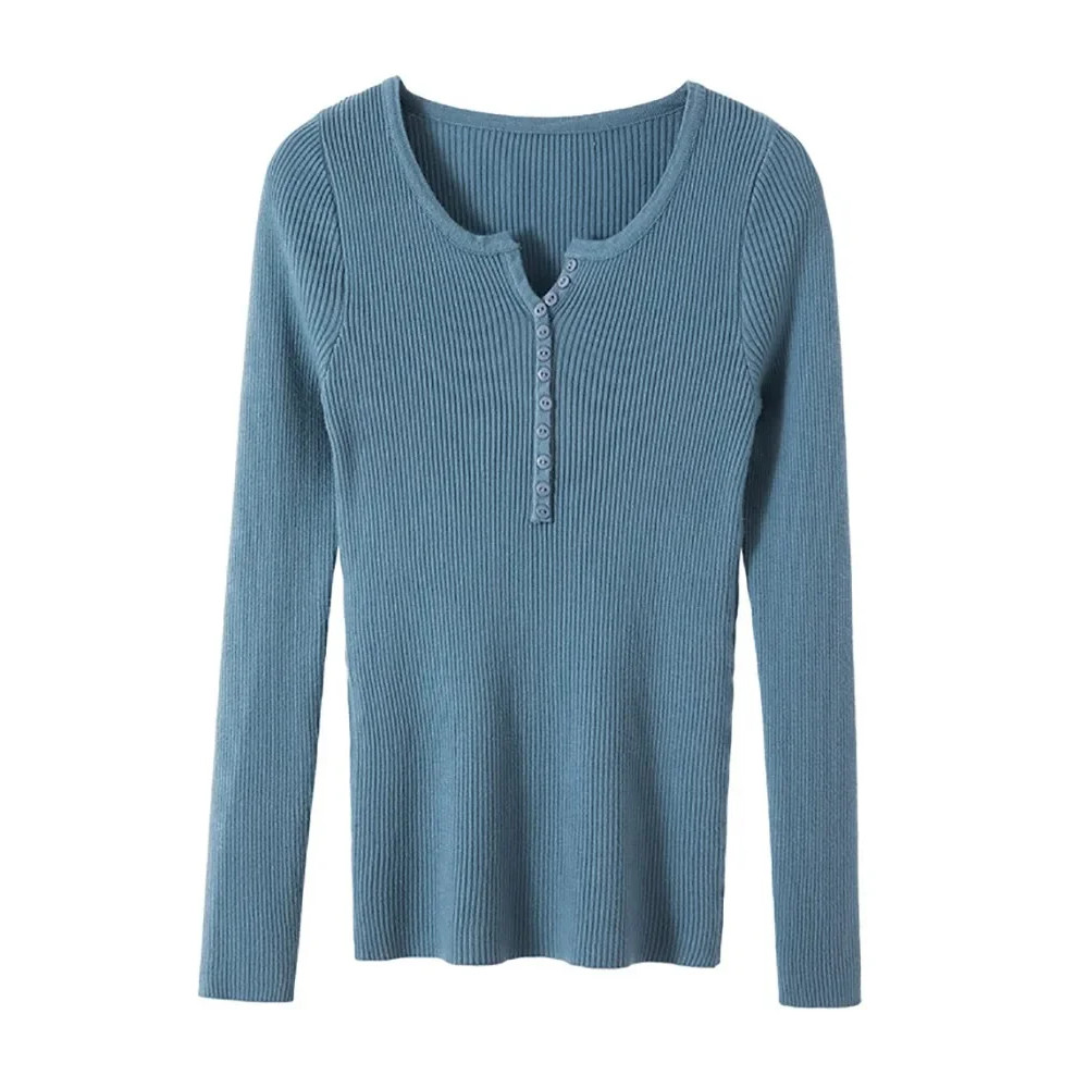 Soft Warm Tops for Women, Autumn Winter Button V Neck Sweater, Basic Slim Pullover, Knit Jumper for Cozy Style