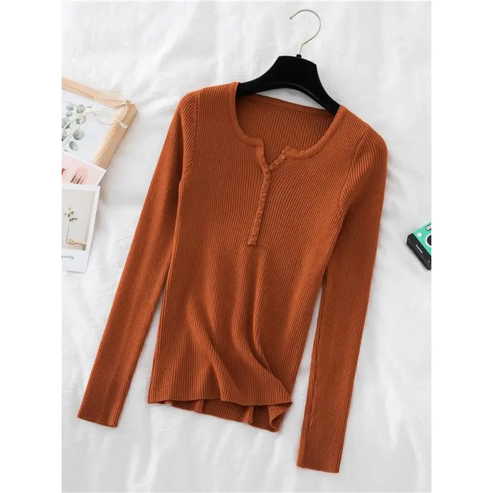 Soft Warm Tops for Women, Autumn Winter Button V Neck Sweater, Basic Slim Pullover, Knit Jumper for Cozy Style