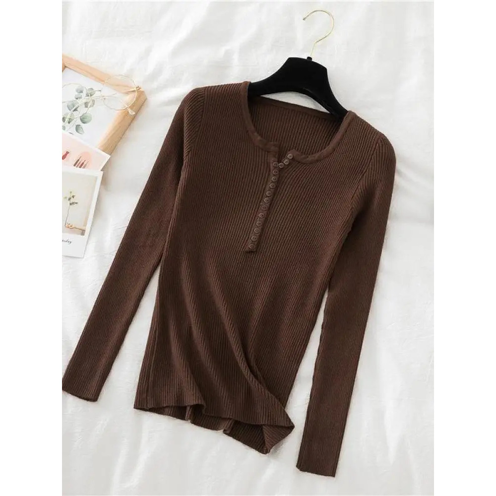 Soft Warm Tops for Women, Autumn Winter Button V Neck Sweater, Basic Slim Pullover, Knit Jumper for Cozy Style