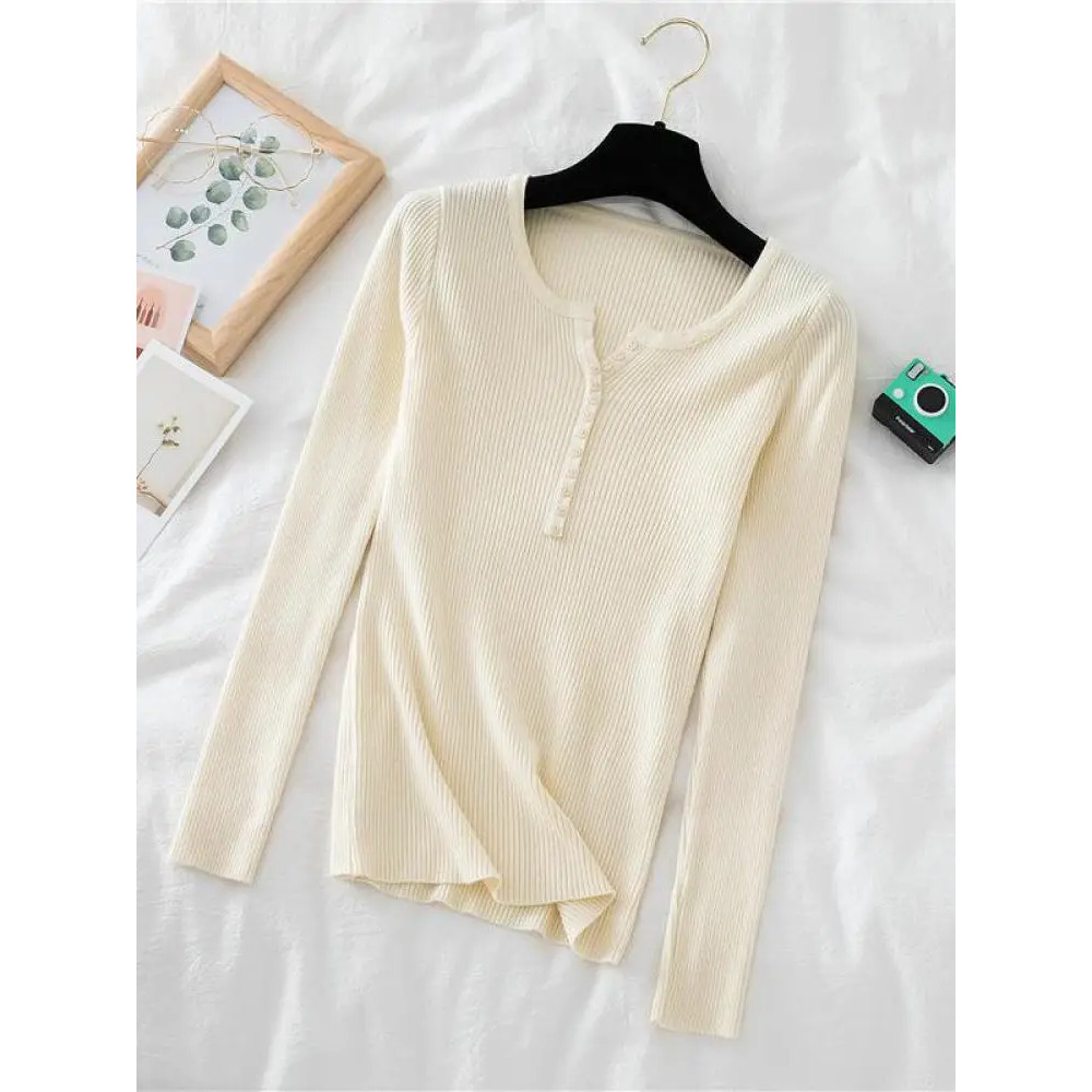 Soft Warm Tops for Women, Autumn Winter Button V Neck Sweater, Basic Slim Pullover, Knit Jumper for Cozy Style