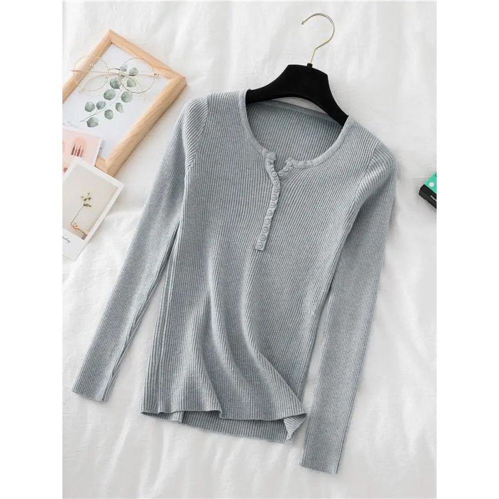 Soft Warm Tops for Women, Autumn Winter Button V Neck Sweater, Basic Slim Pullover, Knit Jumper for Cozy Style