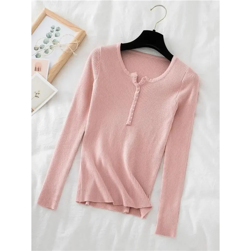 Soft Warm Tops for Women, Autumn Winter Button V Neck Sweater, Basic Slim Pullover, Knit Jumper for Cozy Style