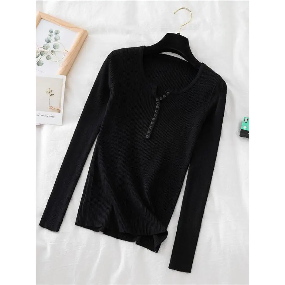 Soft Warm Tops for Women, Autumn Winter Button V Neck Sweater, Basic Slim Pullover, Knit Jumper for Cozy Style