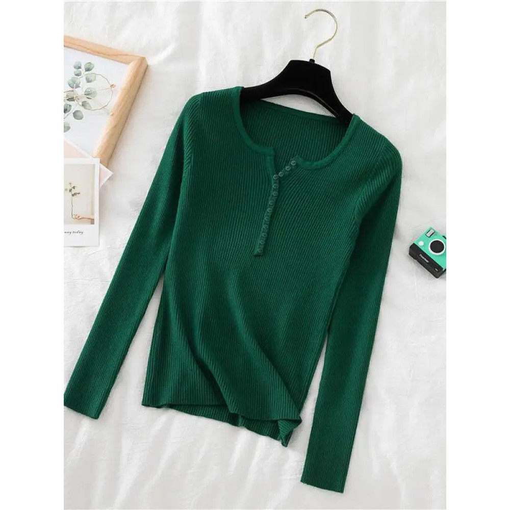 Soft Warm Tops for Women, Autumn Winter Button V Neck Sweater, Basic Slim Pullover, Knit Jumper for Cozy Style
