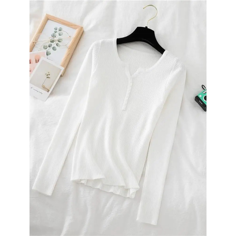 Soft Warm Tops for Women, Autumn Winter Button V Neck Sweater, Basic Slim Pullover, Knit Jumper for Cozy Style