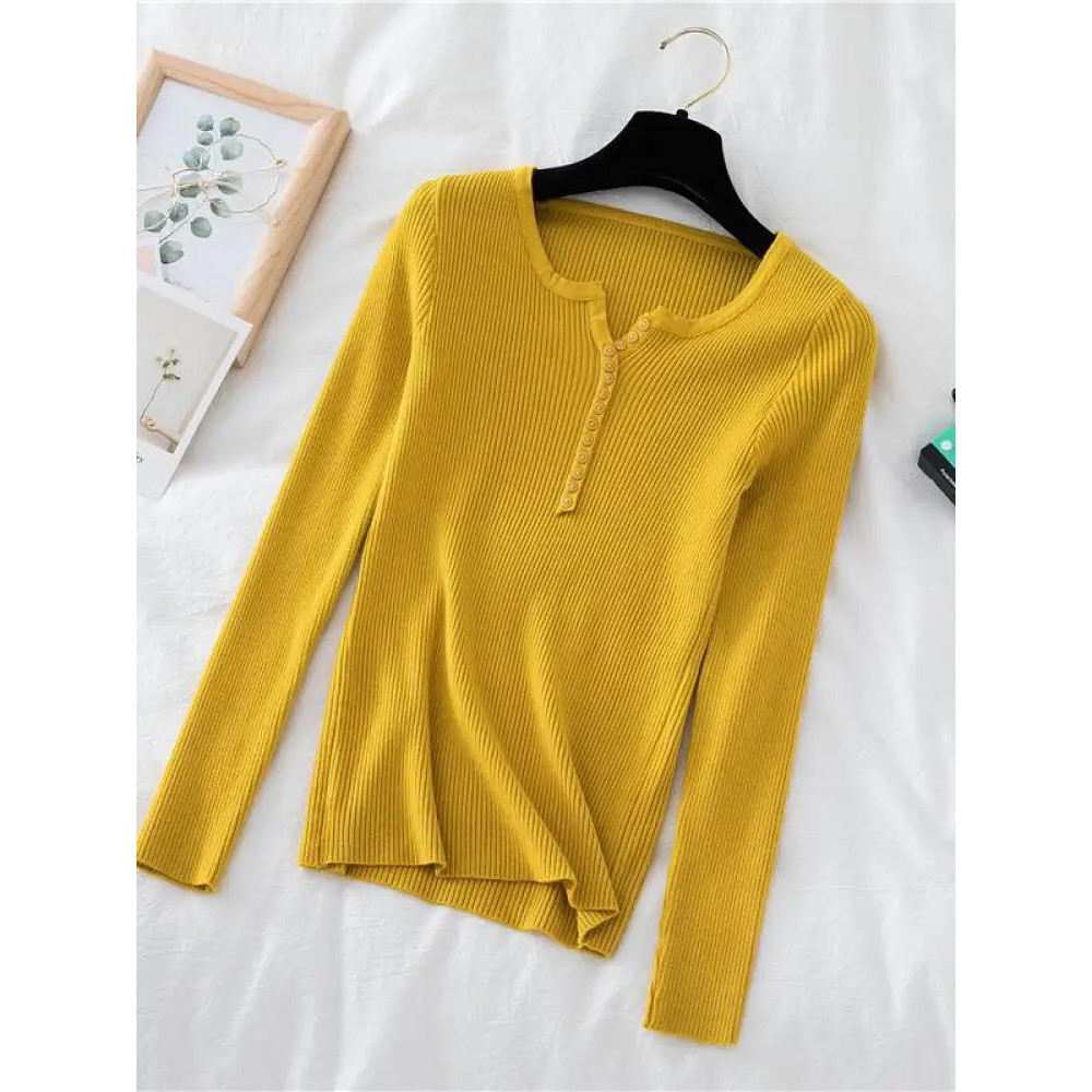 Soft Warm Tops for Women, Autumn Winter Button V Neck Sweater, Basic Slim Pullover, Knit Jumper for Cozy Style
