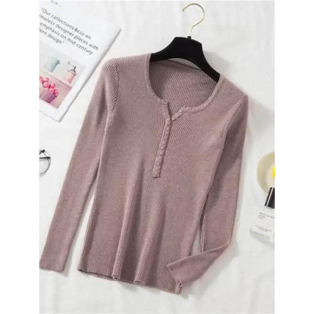 Soft Warm Tops for Women, Autumn Winter Button V Neck Sweater, Basic Slim Pullover, Knit Jumper for Cozy Style