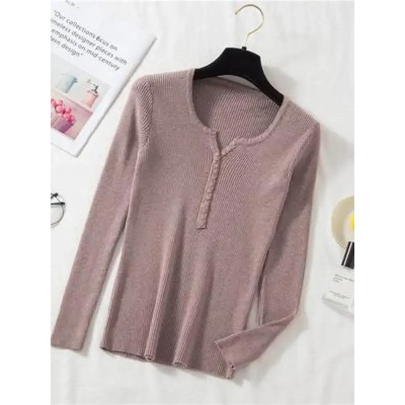 Soft Warm Tops for Women, Autumn Winter Button V Neck Sweater, Basic Slim Pullover, Knit Jumper for Cozy Style