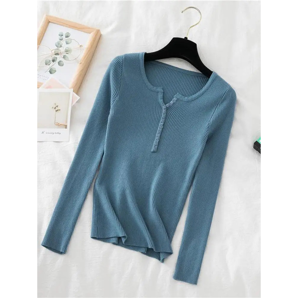 Soft Warm Tops for Women, Autumn Winter Button V Neck Sweater, Basic Slim Pullover, Knit Jumper for Cozy Style