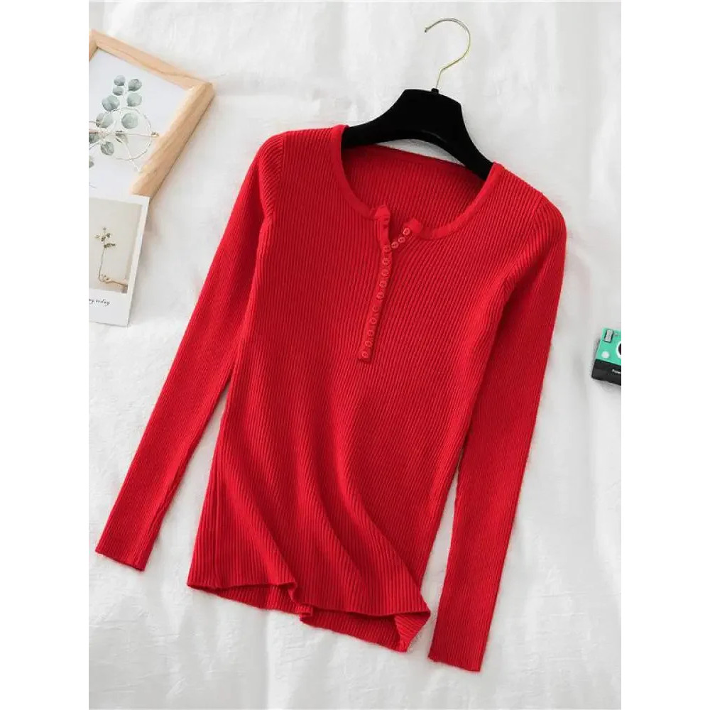 Soft Warm Tops for Women, Autumn Winter Button V Neck Sweater, Basic Slim Pullover, Knit Jumper for Cozy Style