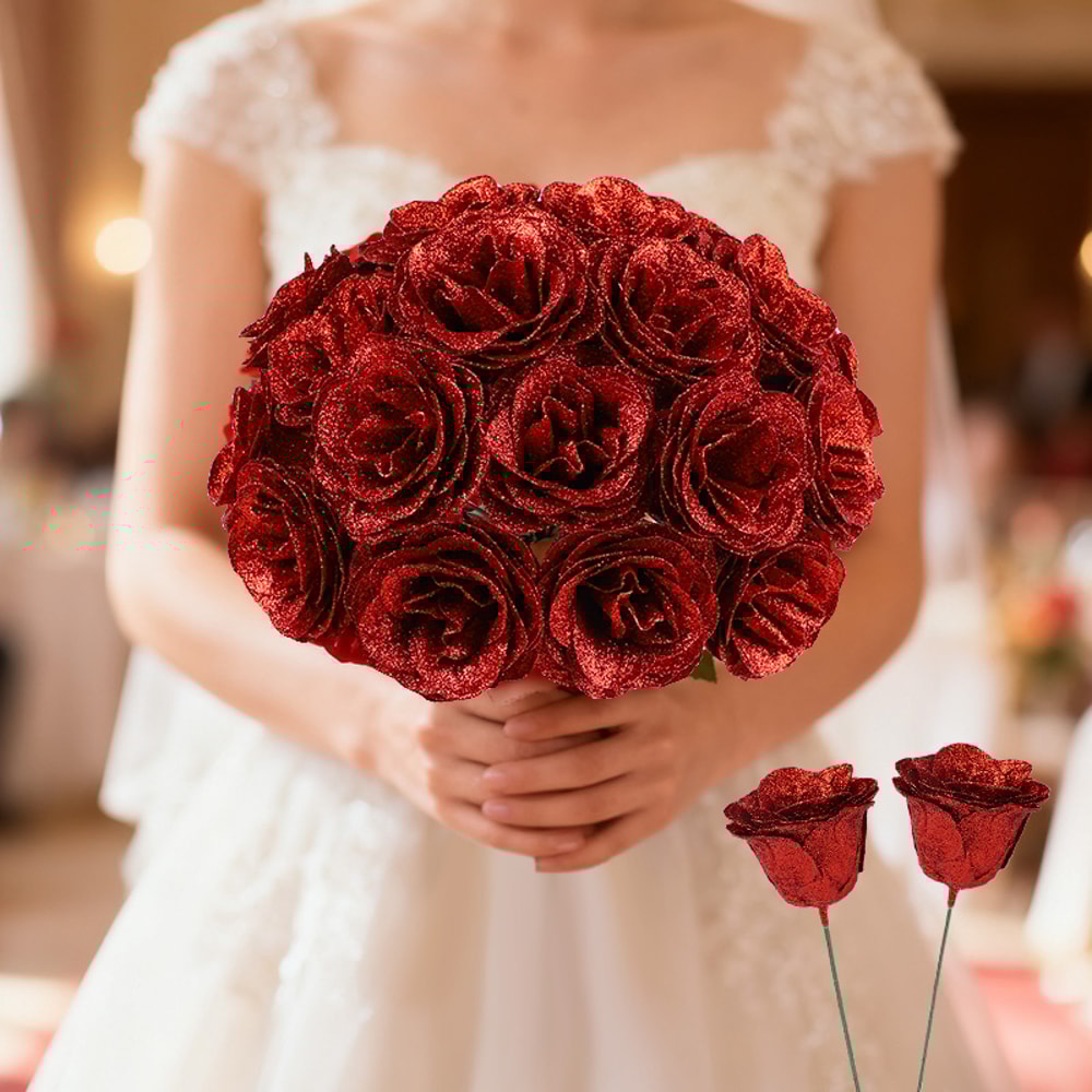 Artificial Glitter Red Rose Flowers Bouquet For Wedding Baby Shower Valentines Day Home Party Decor 0