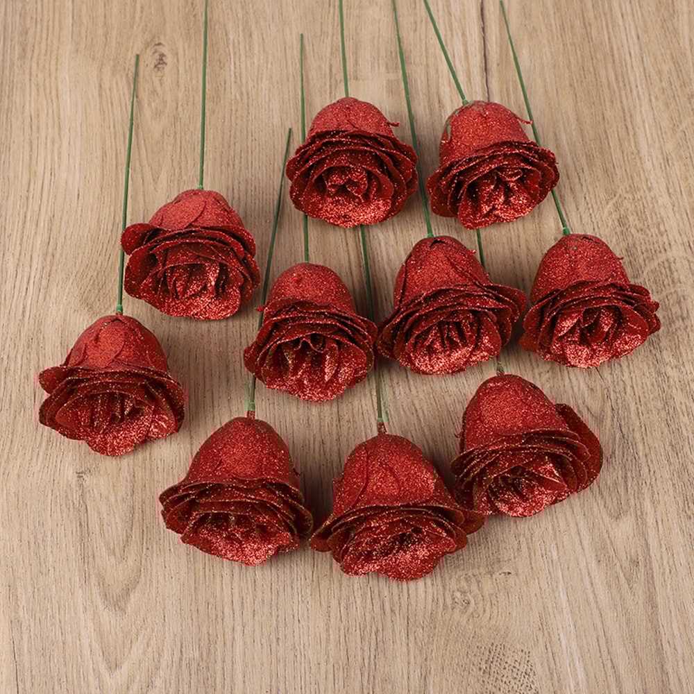 Artificial Glitter Red Rose Flowers Bouquet For Wedding Baby Shower Valentines Day Home Party Decor 3
