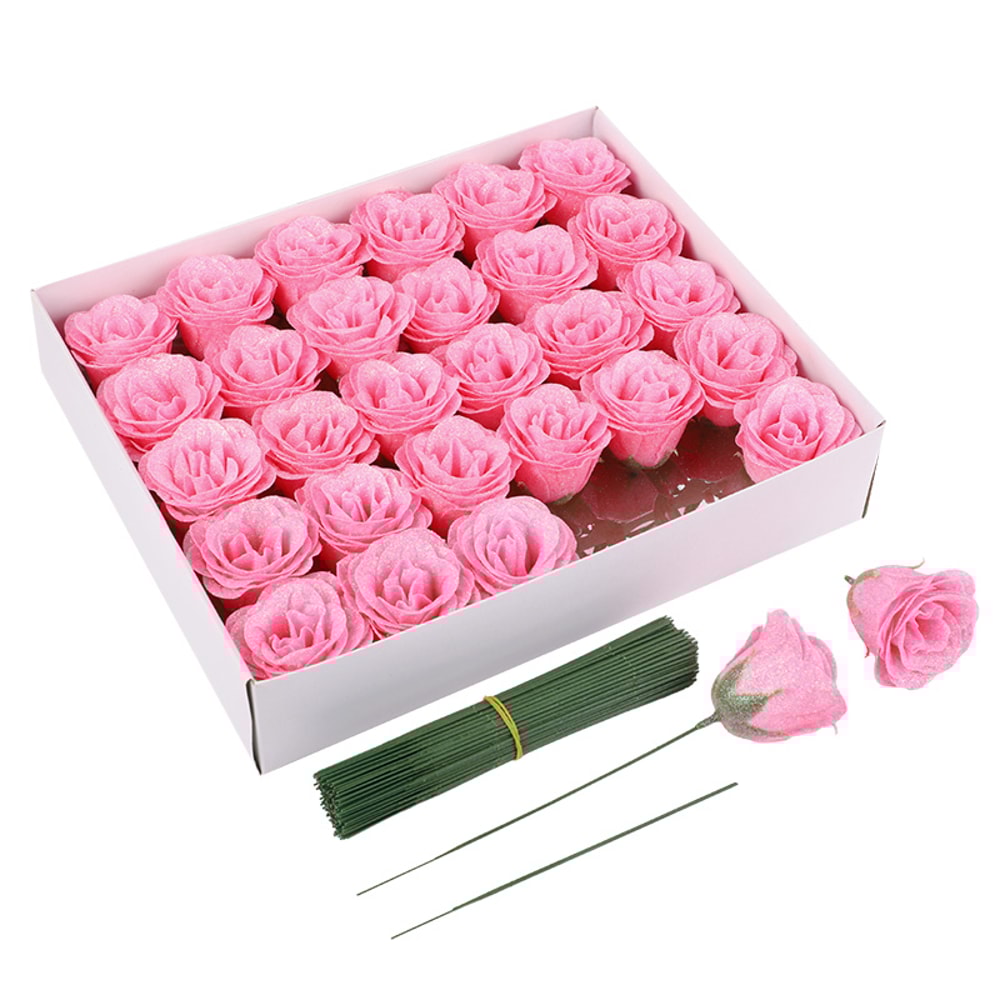 Artificial Glitter Red Rose Flowers Bouquet For Wedding Baby Shower Valentines Day Home Party Decor 4