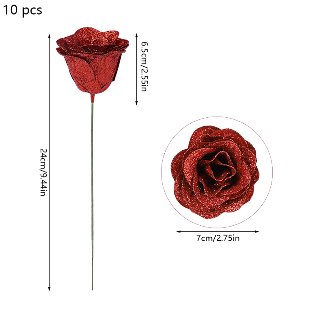 Artificial Glitter Red Rose Flowers Bouquet For Wedding Baby Shower Valentines Day Home Party Decor 5
