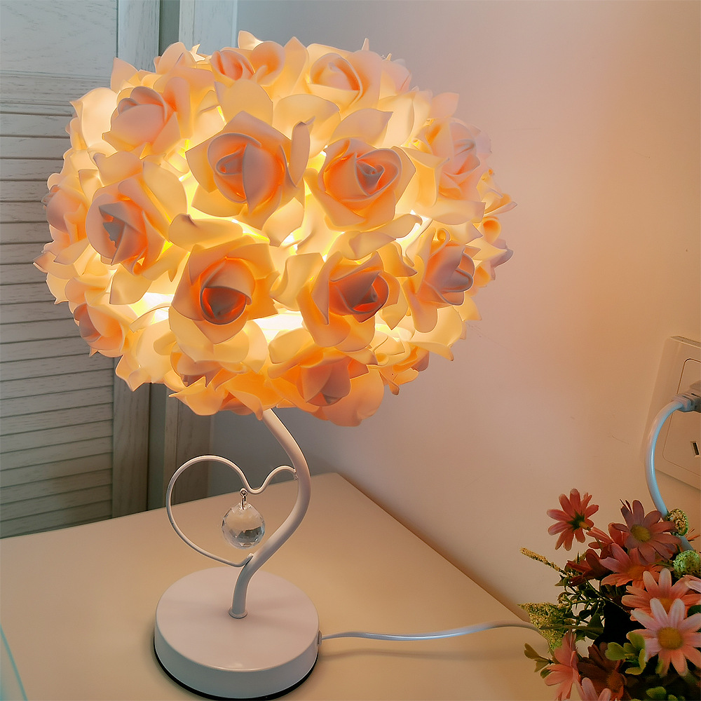 Pastoral Style Rose Table Lamp Heart Crystal Bedside Lamps Decorative Nightlight For Bedroom Room D 3
